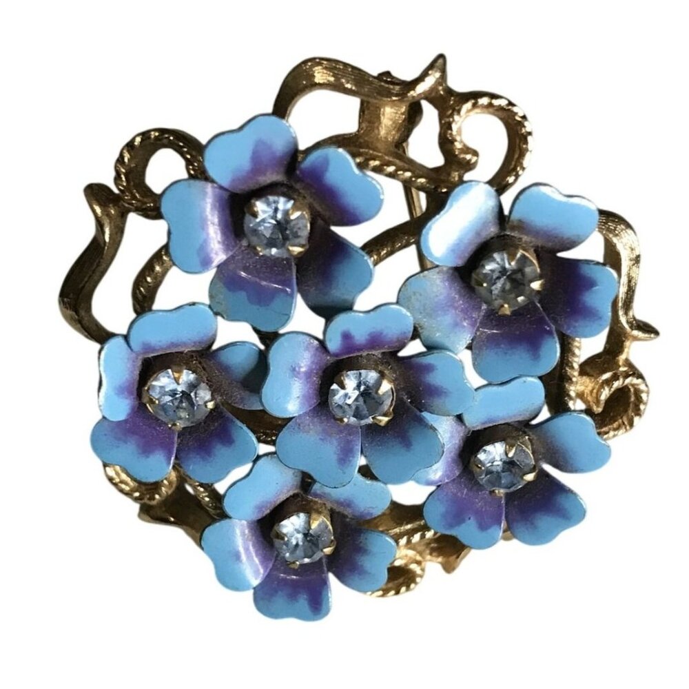 Vintage Avon Blue Enamel Floral Brooch/Pendant With Rhinestones & Gold-Tone Meta